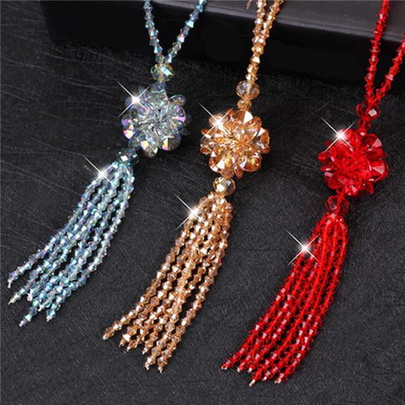 Costume jewellery ladies gold crystal pendant lengthy tassel long chain necklace